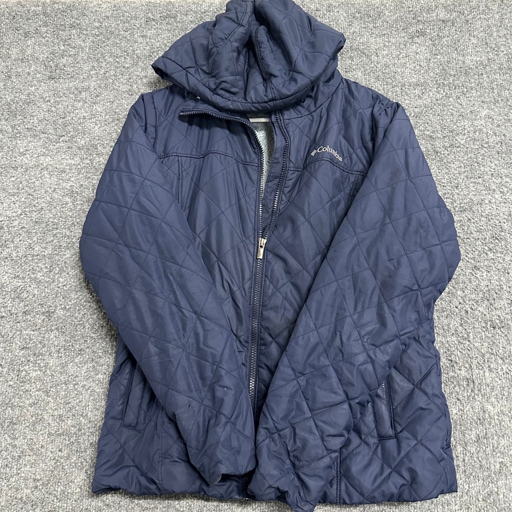 Columbia Jacket Womens Size M Navy Blue Quilted Hooded Fleece Lined Full Zip